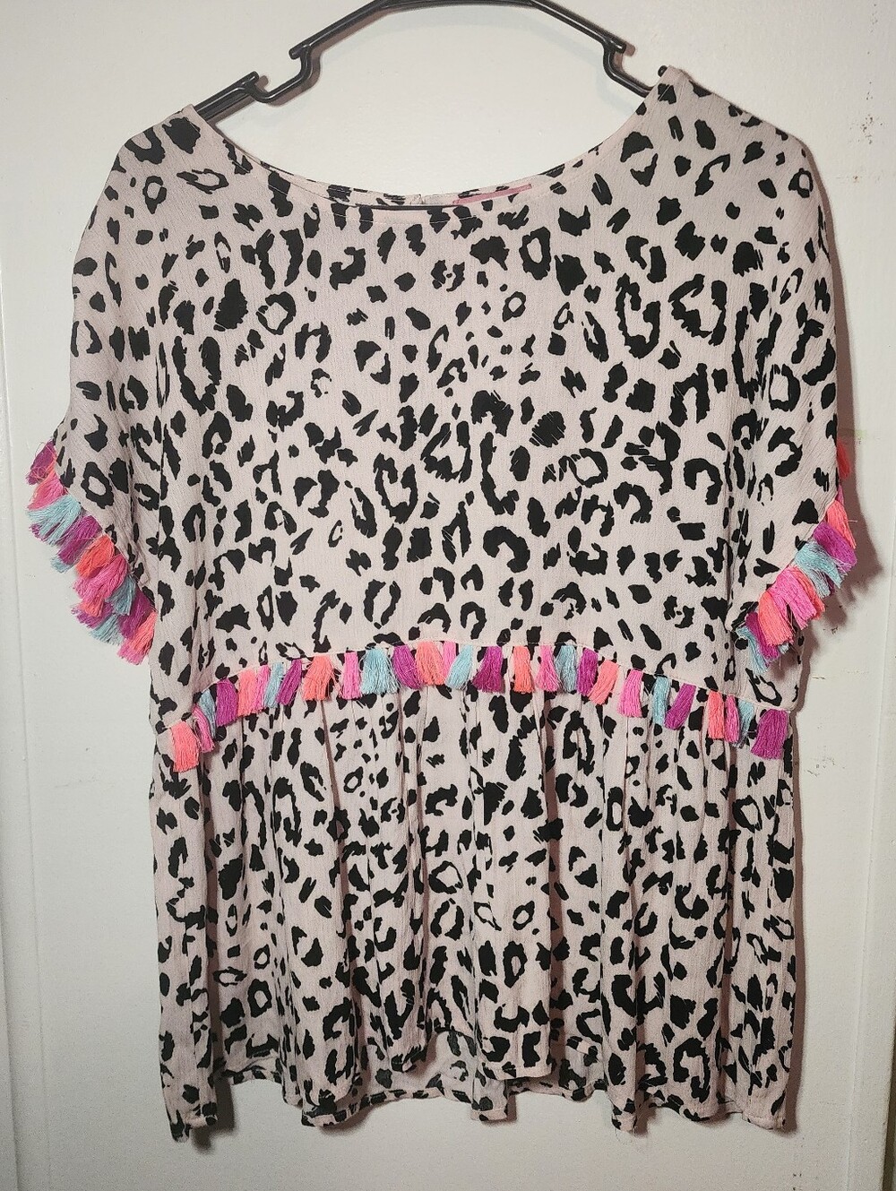 ANDREE BY UNIT Beige Leopard Print Tassel Trim Top with Pink & Blue Accents